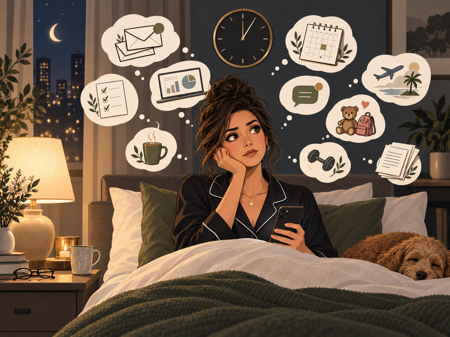 A woman in bed at night, surrounded by thought bubbles of everything still on her mind